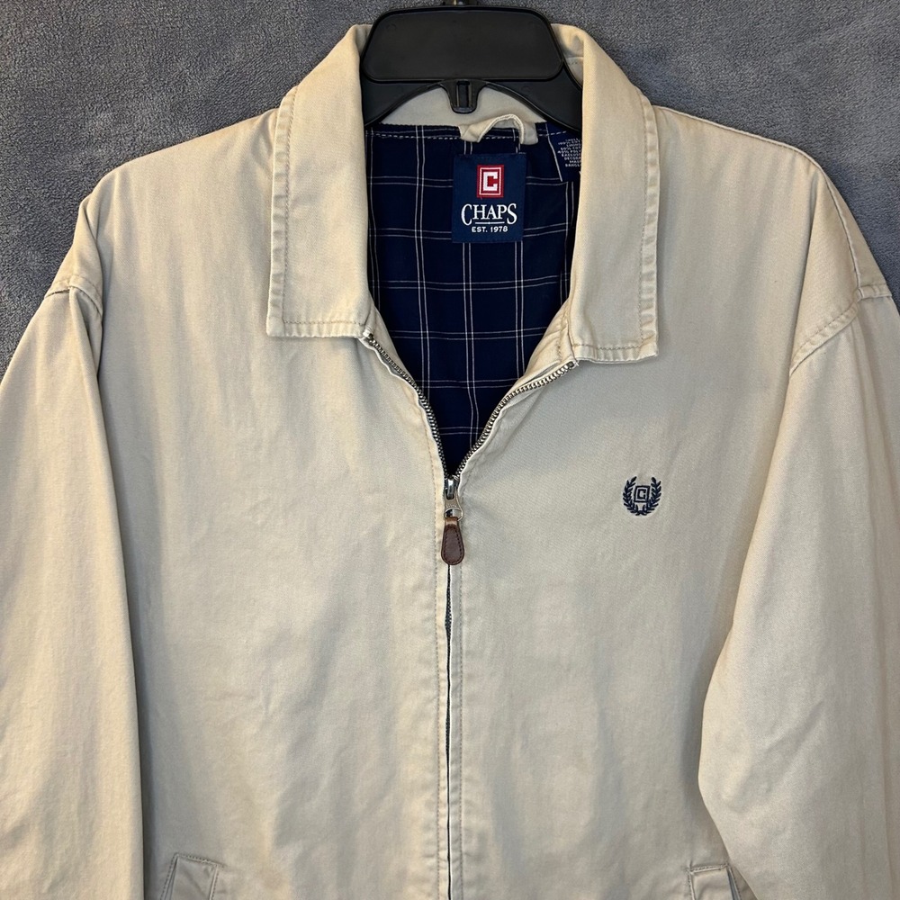 VTG Chaps Mens Large Harrington Bomber Jacket Beige Tan Plaid Lined Full Zip